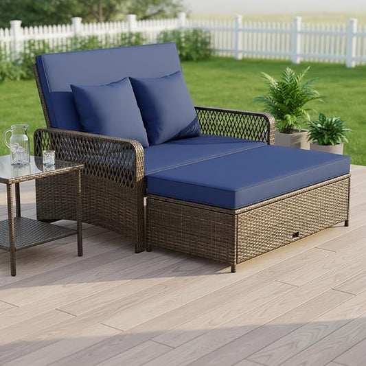 Tangkula Patio Rattan Daybed with 4-Level Adjustable Backrest, 2-Person Outdoor Wicker Loveseat with Storage Ottoman & Soft Cushions, Double Sunbed Lounger for Backyard, Porch, Poolside (Navy)