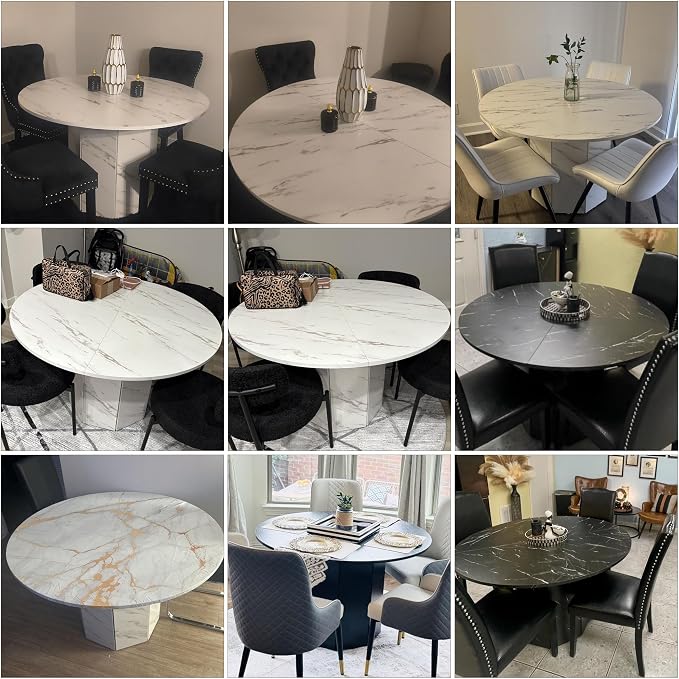 HSH Round Dining Table for 4-6, 47” White Faux Marble Dinner Table only, Modern Circle Kitchen Table for Home Living Room, Industrial Wood Dining Room Table with Octagon Base, White Marble