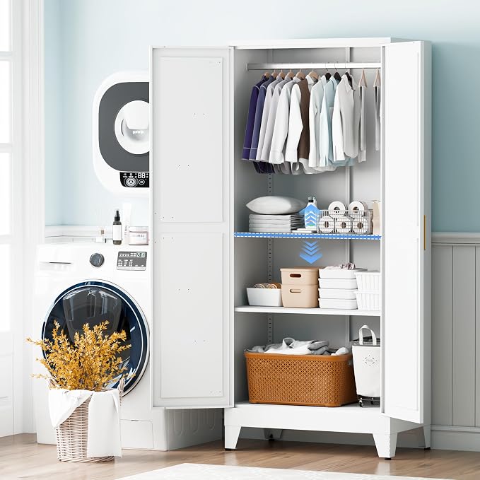 71" H Wardrobe Closet with Doors, Metal Wardrobe Cabinet with 2 Doors and 2 Adjustable Shelves, Armoire Wardrobes Closet with Hanging Rod, Closets for Bedroom, Laundry Room, White