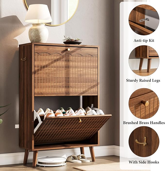 Nicetree Shoe Storage Cabinet for Entryway, 9.5inch Slim Shoe Rack with 2 Flip Drawers, Mid-Century Modern Walnut Shoe Cabinet Storage, Narrow Shoe Organizer with Adjustable Shelves for Small Spaces