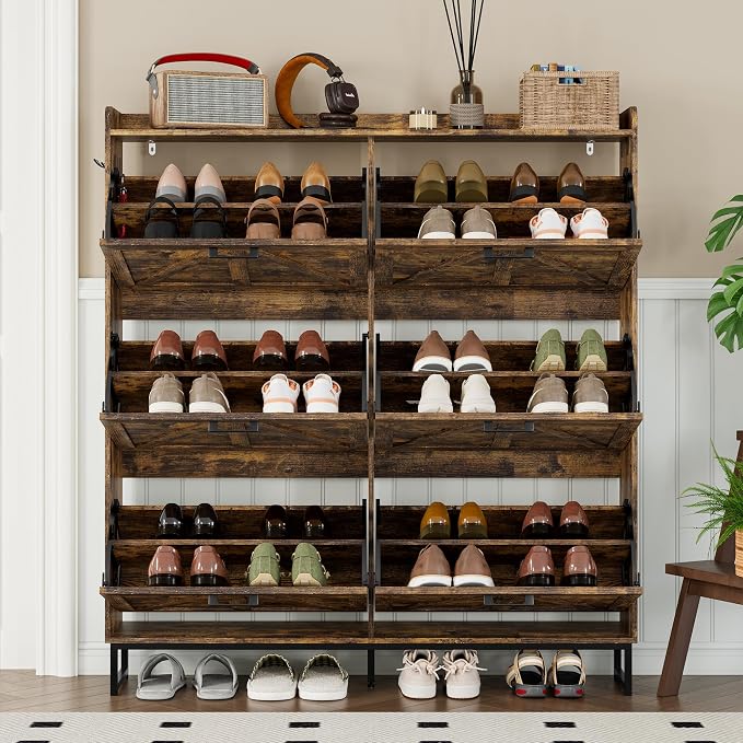 BORNOON Shoe Cabinet with 6 Flip Drawers Narrow Shoe Storage Cabinet Organizer Wooden Freestanding Shoe Rack Hidden Slim Shoes Storage Cabinet for Entryway, Hallway, Living Room, Bedroom