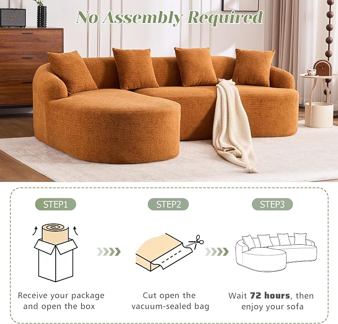 99" Curved Sofa with L-Shape Chaise,Modern Cloud Curved Couch with Deep Seat,No Assembly Required,Upholstered Oversized Couches for Living Room,Apartment (Orange, 99Inch)
