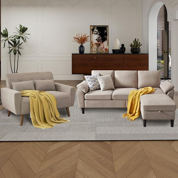 79" Convertible Sectional Sofa Set, Modern Linen Small L Shaped Couch with Reversible Chaise and Loveseat Sofa, 3-Seat Sofa Couches for Living Room, Office, Apartment, Beige