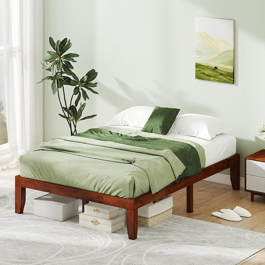KOMFOTT 14 Inches Wood Platform Bed Frame Full Size, Wooden Mattress Foundation with Rubber Wood Frame, Strong Wooden Slat Support, No Box Spring Needed, Bed Frame (Brown Cherry)