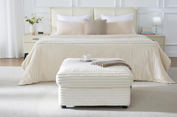 35" Corduroy Ottoman with Storage, Oversized Storage Ottoman for Living Room, Large Square Ottoman for Sofa Couch, Beige