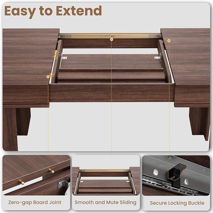 GarveeHome 63 in-86.6 in Extendable Dining Room Table for 6-10, Farmhouse Kitchen Tables w/Wooden Sturdy Frame, Large Rectangular Dinner Table for Dining Room, Kitchen