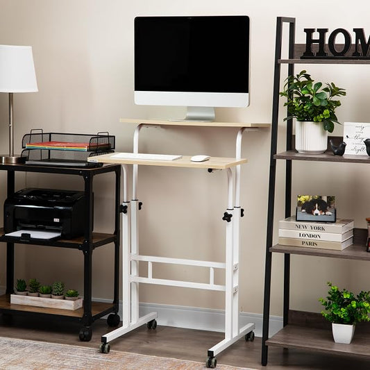 Mind Reader Standing Desk, Adjustable Height Laptop Workstation, Portable Rolling Desk on Wheels, Two-Tier Metal Frame, White