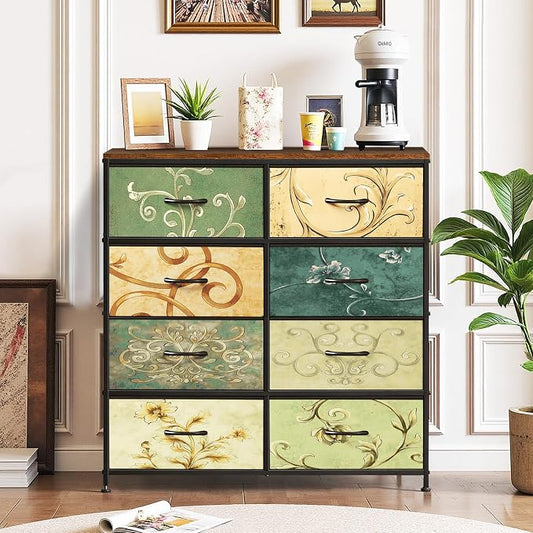 8-Drawer Dresser for Bedroom, Anti-Tip Tall Storage Organizer Chest of Drawers with Wooden Top and Metal Frame Fabric Bins for Closet, Living Room, Hallway, Entryway, Floral Painted