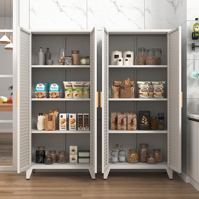 61 "H White Metal Cutlery Cabinet with Door Freestanding Kitchen Cabinet with 3 Adjustable Shelf Side Panels, Suitable for Kitchen, Living Room, Dining Room Metal Cabinet,Requires Assembly 