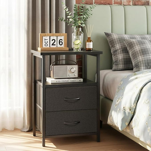 Fixwal Black Night Stand with Charger Station, Nightstand with Charging Station & Fabric Drawers