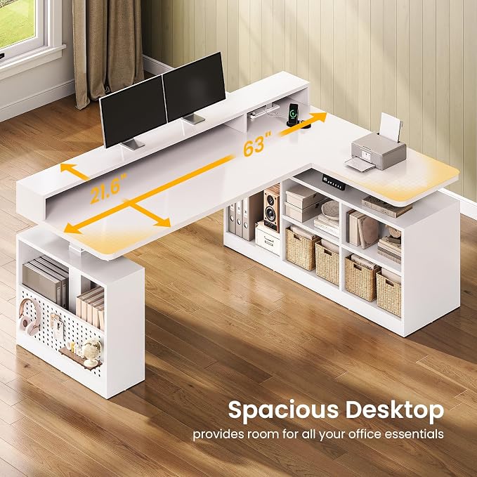 SEDETA L Shaped Electric Standing Desk, 63 inch Height Adjustable Corner Computer Desk with Storage Shelves and LED Lights, Corner Gaming Desk with Power Outlet and Pegboard for Home Office, White