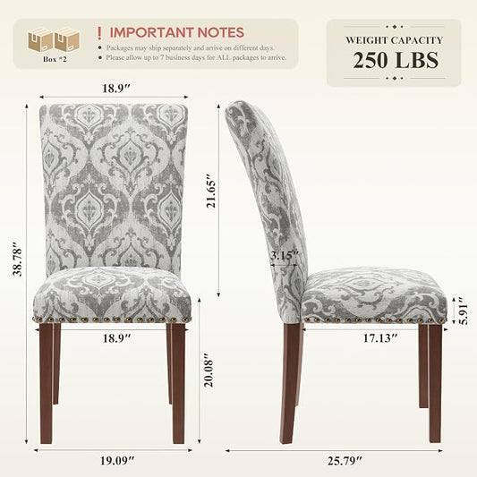 COLAMY Upholstered Parsons Dining Chairs Set of 4, Fabric Dining Room Kitchen Side Chair with Nailhead Trim and Wood Legs - Grey/White Flower