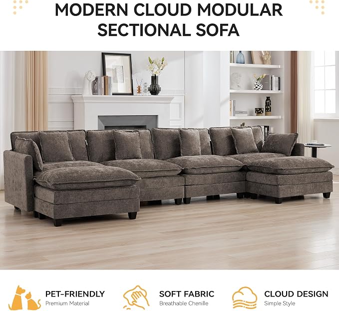 147'' Sectional Cloud Deep Seat Couch, Oversized Chenille U Shaped Sectional Sofa for Living Room Set, Comfy Upholstered Modular Sectional Sofa Couch with 2 Movable Ottoman, Brown