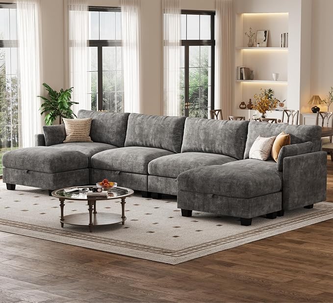 Modular Sectional U Shaped Sofa Couches for Living Room, Cloud Couch with Storage Ottoman, Comfy Chenille Sofa with Pillow, Dark Gray