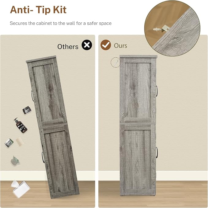 TEENFON Farmhouse Storage Cabinet with 2 Adjustable Shelves, Bathroom Cabinet with 4 Doors, Cupboard for Kitchen, Living Room, Rustic Gray
