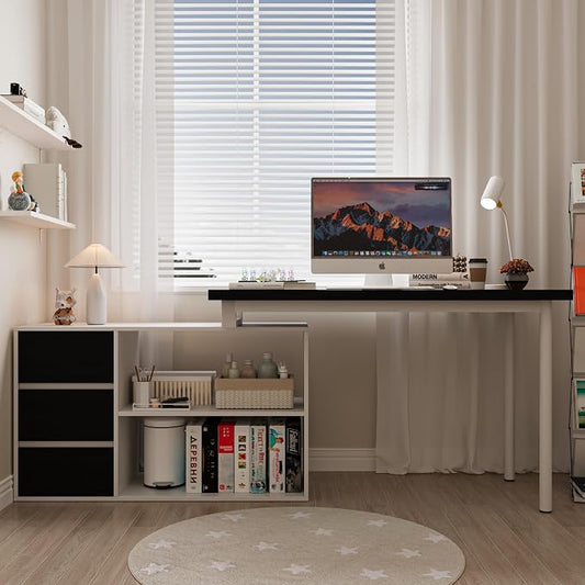Bobve L Shaped Computer Desk, 47 Inch Home Office Desk with File Drawers & Storage Shelves, Small Corner Computer Desk for Small Space (White+Black)