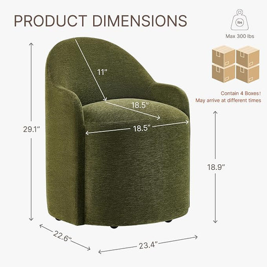 KISLOT Upholstered Dining Chairs with Casters, No Assembly Modern Dining Room Chairs Accent Vanity Chair with 5 Wheels & Round Backrest for Bedroom, Living Room, Dressing, Green Fabric, Set of 4