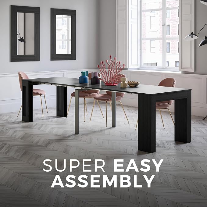 Mobili Fiver, Easy, Extendable Console Table with Extension Leaves Holder, 17.7(120.1) x35.4 in, Ashwood Black, Made in Italy