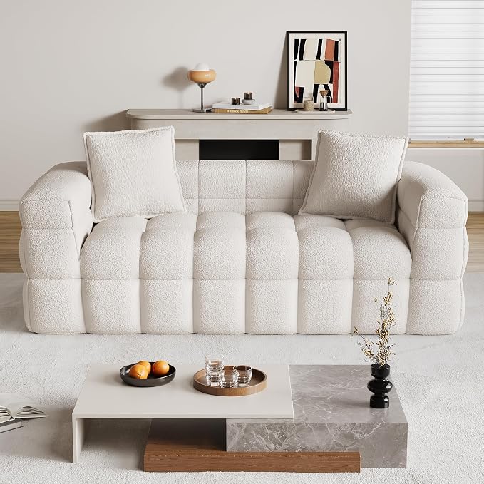 68.7" Loveseat Boneless Couch,Comfy Cloud Sectional Sofa with Deep Seat,Modern Upholstered Chenille Love Seat Sofa, Small Couches for Living Room, No Assembly Required Tufted Sofas, Beige White