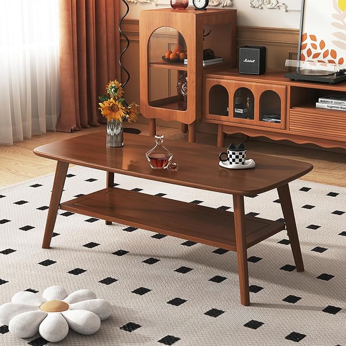 Coffee Table Small Solid Wood Center Table Mid Century Vintage Living Room Coffee Table, Walnut 47.24 Inch