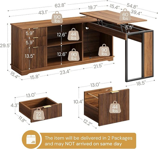 L Shaped Desk with Lift Top & Power Outlets, 63'' x 55'' Executive Computer Desk with 3 Fluted Drawers, Storage Shelves, CPU Stand, Industrial Standing Desk for Office (Schatt Walnut)