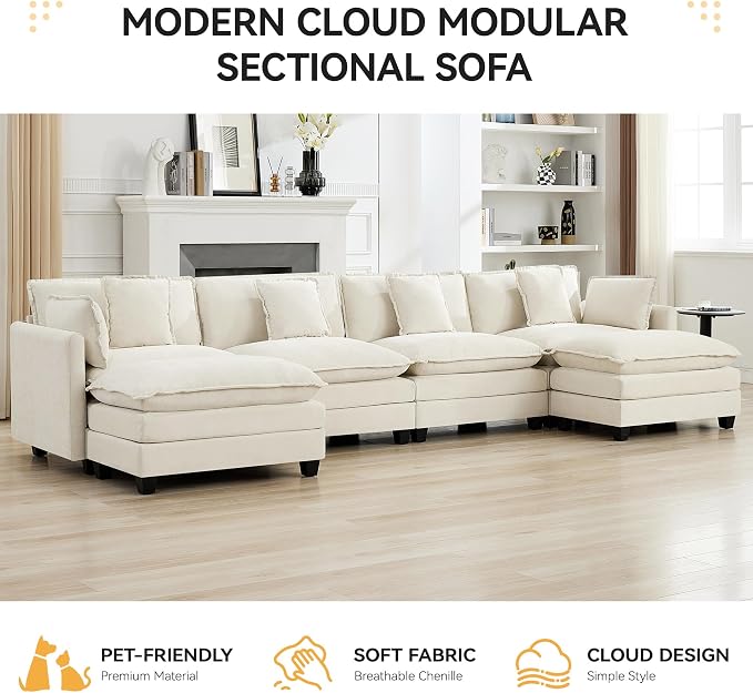 147'' Sectional Cloud Deep Seat Couch, Oversized Chenille U Shaped Sectional Sofa for Living Room Set, Comfy Upholstered Modular Sectional Sofa Couch with 2 Movable Ottoman, Beige
