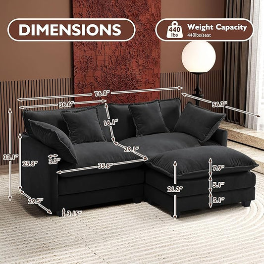 Ihanherry 77" L Shaped Modern Sofa Modular Sectional Cloud Couch with Ottoman, 3-Seat Chenille Deep Seat Sofa with Pillow for Living Room, Bedroom and Apartment, Black