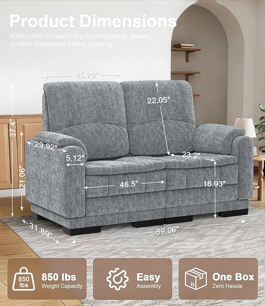 Yolsali Boneless Loveseat Sofa, High-Density Cloud-Like Double Cushion Floor Sofa Couch, Chenille Small Boneless Couch for Living Room, 850 lb Support, Raised Backrest, Ergonomic, Easy Assembly, Grey