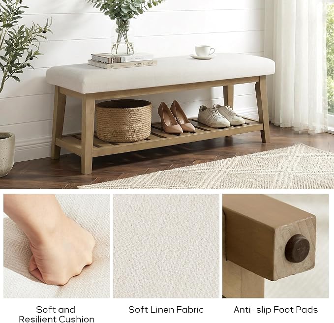 Entryway Bench with Cushion, Upholstered Shoe Rack Bench with Solid Wood Shelf, 44" End of Bed Bench for Bedroom, Chenille Fabric Storage Bench for Entryway, Hallway, Living Room (Beige)