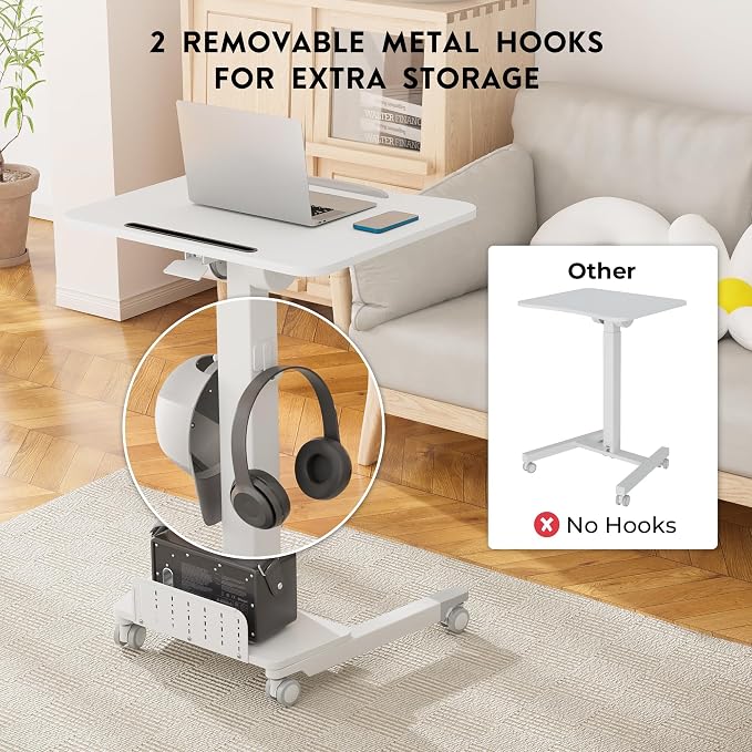 BONTEC Mobile Standing Desk Adjustable Height, Rolling Laptop Cart with Storage Shelf, Hooks, Portable Workstation with Pneumatic Lift, Ergonomic Compact Home Office Desk, White 23.6" x 20.5"