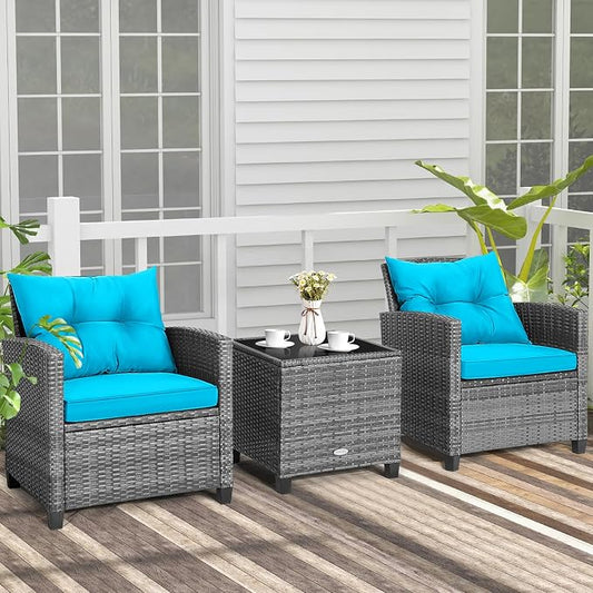 COSTWAY 3PCS Patio Furniture Set, PE Rattan Wicker Sofa w/Washable Cushion and Coffee Table, Tempered Glass Tabletop, Outdoor Conversation Set for Balcony, Porch, Yard, Backyard, Lawn, Turquoise