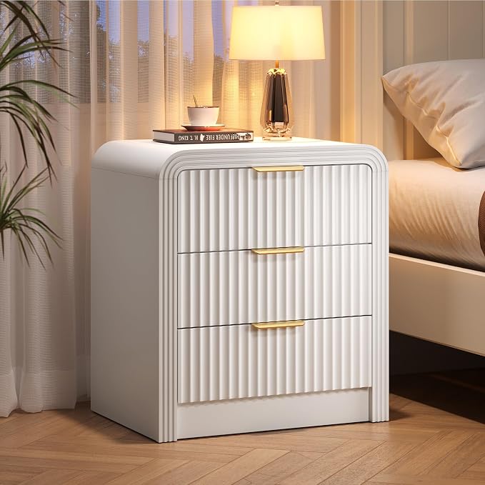 Decofy Fluted Nightstand with Charging Station, Modern Bedroom Side Table with Gold Handles, Curved Profile Design, End Table Wood Organizer for Bedroom, 19.7" & 3 Drawers (1 Pack, Pure White)
