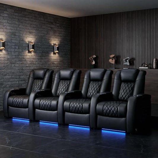 Weilianda Home Theater Seating Top Grain Leather Zero Gravity Recliner Chair Power Headrest Recline Movie Seat Gaming 7 Colors Mood Light Sofa with Tray Table USB Charge Row of 4 Black
