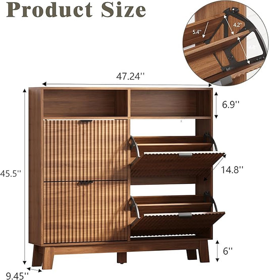 Shoe Cabinet Storage for Entryway with 4 Flip Drawers, Fluted Narrow Shoe Organizer with Wooden Legs & Top Cubby, Freestanding Slim Shoe Storage Hidden Shoe Rack for Front Door Entrance, Walnut