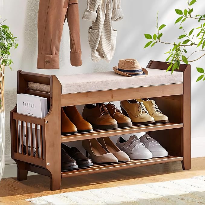PETKABOO 2 Tier Shoe Bench, Bamboo Shoe Rack Bench, Shoe Storage Bench Organizer for Entryway Hallway Living Room