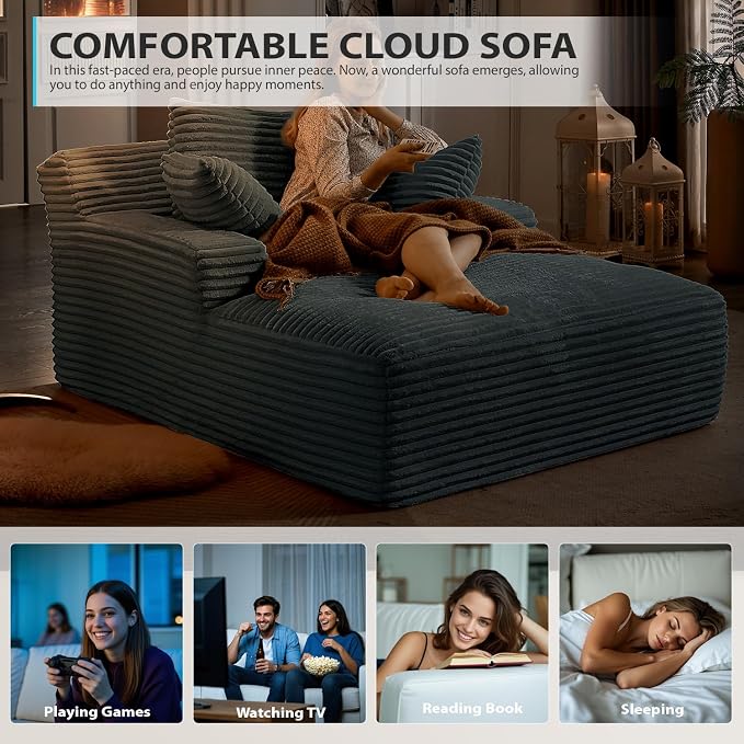 50 Inch Chaise Lounge Chair Indoor, Oversized Corduroy Upholstered Boneless Sofa Bed, Deep Seat Sleeper Couch Reading Chairs, Cloud Sofas Couches for Living Room, No Assembly Required (Dark Grey)