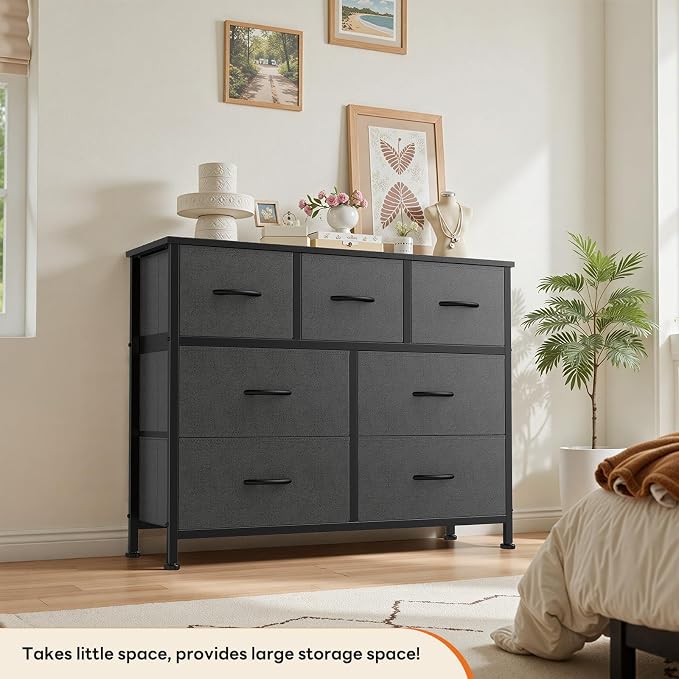 Sweetcrispy 7 Drawer Dresser with Fabric Bins Fabric Storage Tower Organizer for Bedroom Closet Hallway Entryway Tall Chest of Drawers with Steel Frame Wood Top Easy Pull Handles,Dark Gray
