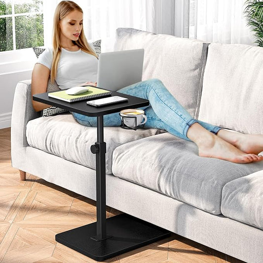 Giikin Side Table, 360 Swivel & Height Adjustable TV Trays for Eating on Couch, Sofa Armrest TV Tray Table with Cup Holder for Small Spaces, C-Shaped, Black, 11.8" D x 15.8" W x 31" H