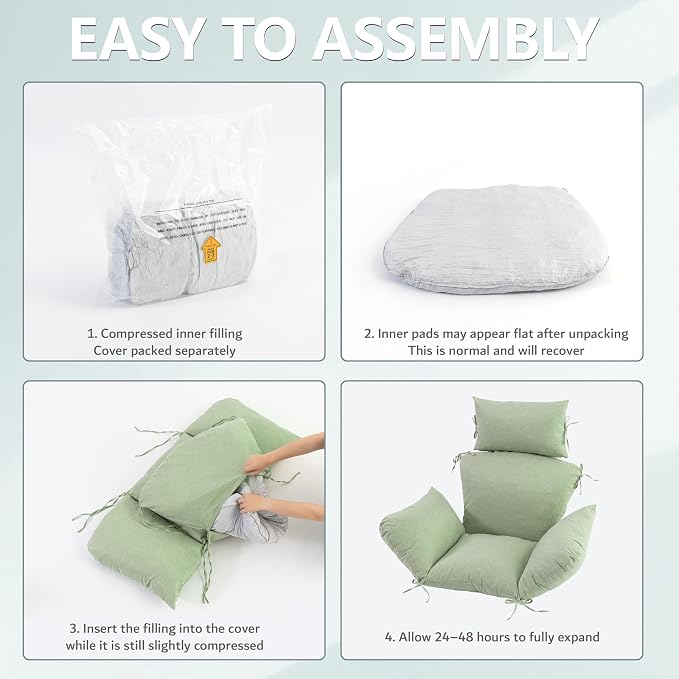 Egg Chair Cushion with 8 Securing Straps, Water-Repellent & Fade-Resistant Faux Linen, Removable Cover, Replacement Cushion for Most Single Outdoor Hanging Swing Egg Chairs – Sage Green