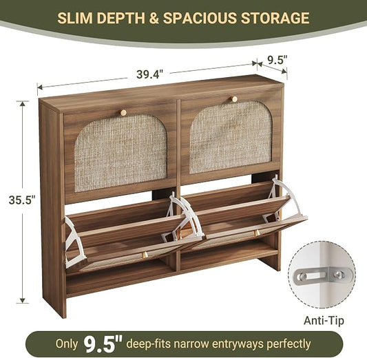 Nicetree Freestanding Ultra Slim Arched Accent Entryway Shoe Storage - 4 Flip Drawers & 3-Tier Adjustable Shelves, Modern Slim Shoe Cabinet for Hallway, Foyer (flip Down Shoe Cabinet | Amber Oak)
