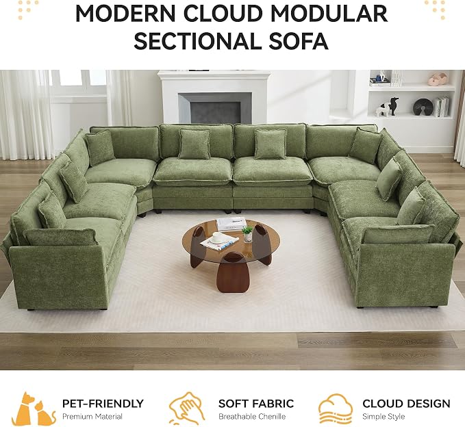 147'' Oversized U Shaped Cloud Sectional Sofa, Chenille Deep Seat Couches for Living Room, Comfy Upholstered Modular Sectional Sofa Couch, Green