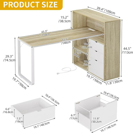 DWVO L Shaped Desk with Drawers, 55" Corner Computer Desk with Bookshelf & Power Outlets & LED Lights, Home Office Desk with Storage Shelves, Oak & White