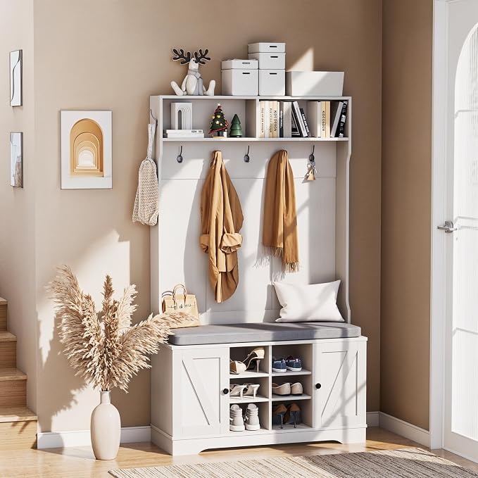 71" Hall Tree with Bench and Shoe Storage, Entryway Hall Tree with 2 Doors and 6 Adjustable Shelves, Cushioned Storage Bench with Coat Rack for Hallway, Living Room, Mudroom