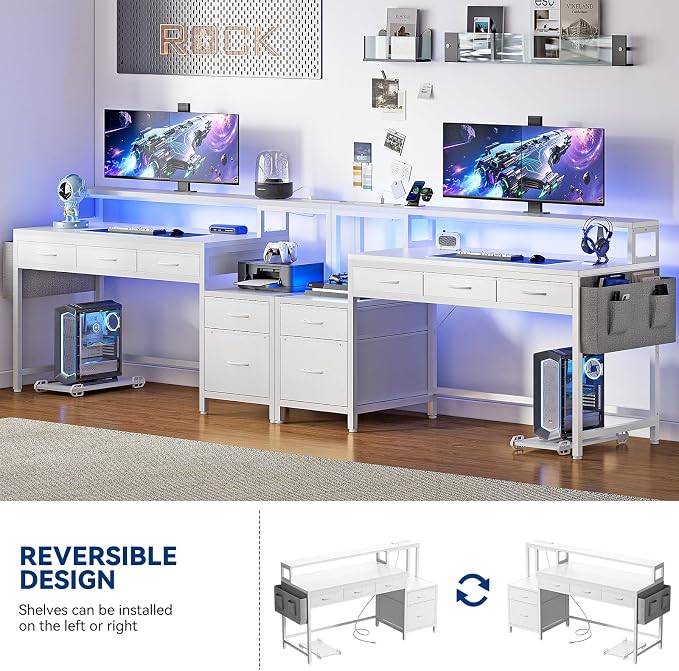 REAHOME 61 Inch Gaming Desk with Charging Station and LED Lights, Reversible Computer Desk with Storage Drawer and Monitor Stand, Modern Desk Table with File Cabinet & Side Pocket, Carbon Fiber White