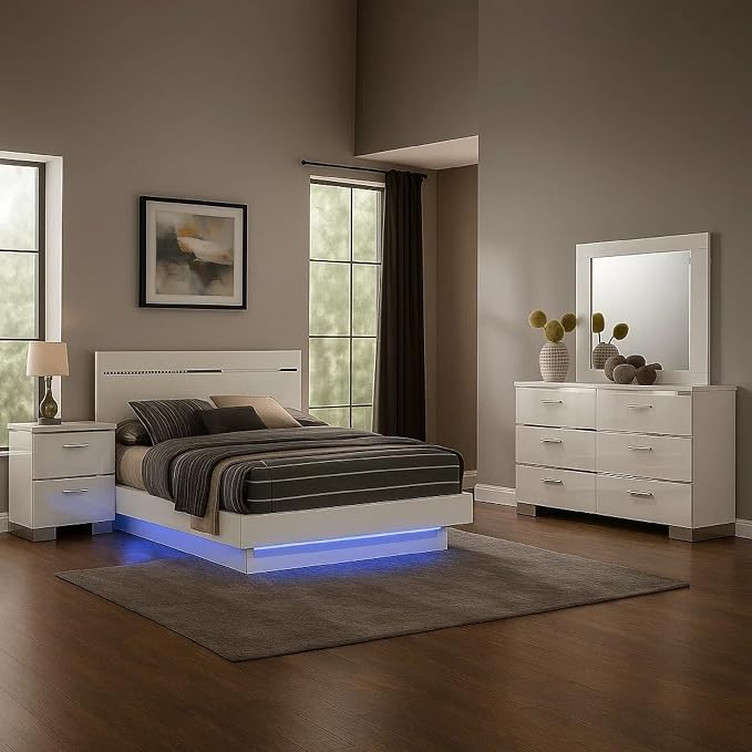 Benzara Pero 4pc Queen Bedroom Set with LED, Chrome and White, Dresser Mirror