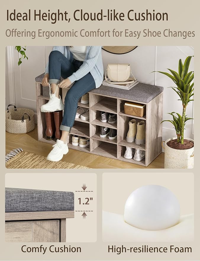DINZI LVJ Shoe Storage Bench with Cushion, 16-Cubby Shoe Rack, Adjustable Shelves, Multifunctional Shoe Organizer Bench for Entryway, Mudroom, Hallway, Living Room, Bedroom and Garage, Greige