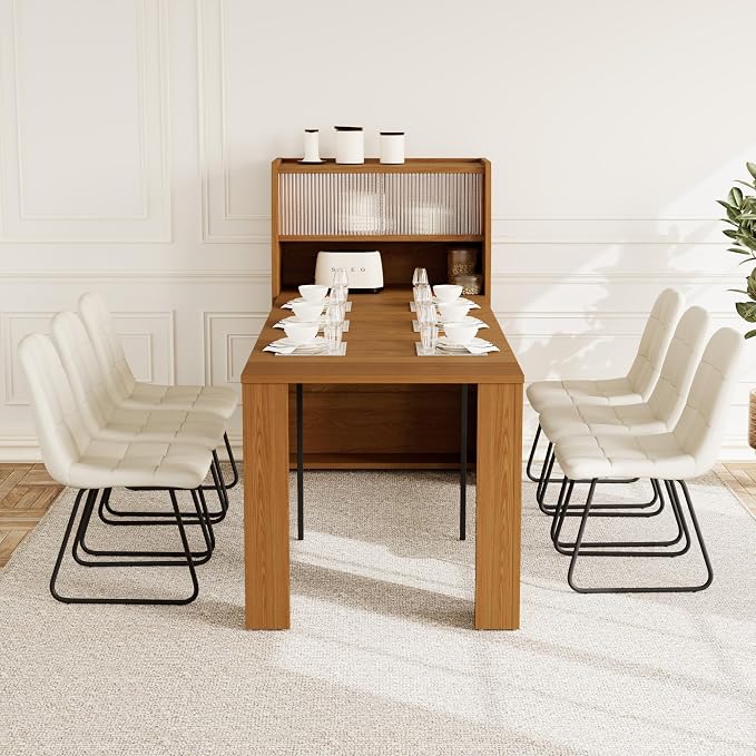 HIPIHOM Dining Table Set for 6, Extendable 86.6" with Storage | Space-saving MDF Kitchen Table with 6 Upholstered U-shaped White Chairs, Ideal for Apartment, Living Room