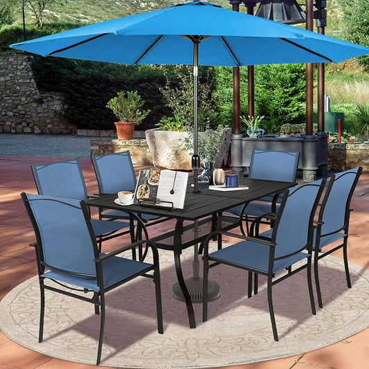 SUNCROWN 8 - Piece Outdoor Dining Set, Patio Furniture Set with 6 Textilene Dinning Chairs, 1 Rectangle Metal Table and 1 Sky Blue 9Ft Patio Umbrella for Lawn Garden Backyard Deck, Blue
