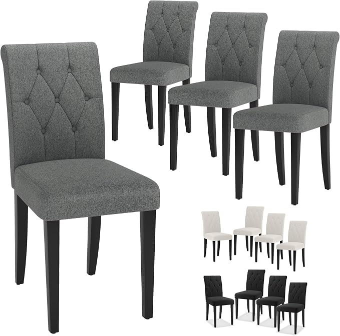 Welzona Upholstered Dining Chairs Set of 4, Button Tufted Parsons Dining Chair with Solid Wood Legs, Modern Fabric Side Chair for Dining Room/Kitchen/Restaurant/Hotel- Grey