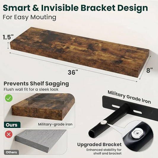 Floating Shelves for Wall, 36 Inch x 8 Inch Deep Wall Mounted Wood Shelf with Invisible Brackets for Storage & Display, Living Room Bedroom Kitchen, Rustic Brown, Set of 2